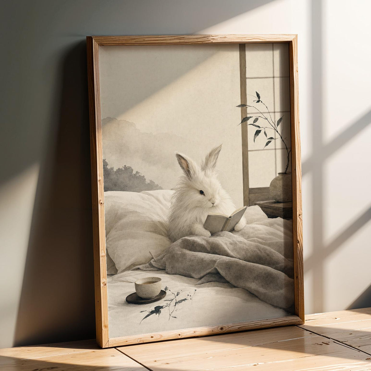 Angora Rabbit Reading in Bed Poster | Japanese Zen Ink Wash Bunny Wall Art | Warm Ivory Fog Gray Decor | Minimalist Bedroom Print