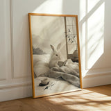 Angora Rabbit Reading in Bed Poster | Japanese Zen Ink Wash Bunny Wall Art | Warm Ivory Fog Gray Decor | Minimalist Bedroom Print