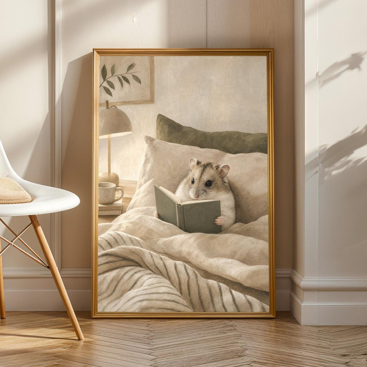 Russian Dwarf Hamster Reading in Bed Poster | Modern Gouache Hamster Wall Art | Warm Beige Oat Milk Decor | Cozy Minimalist Bedroom Print
