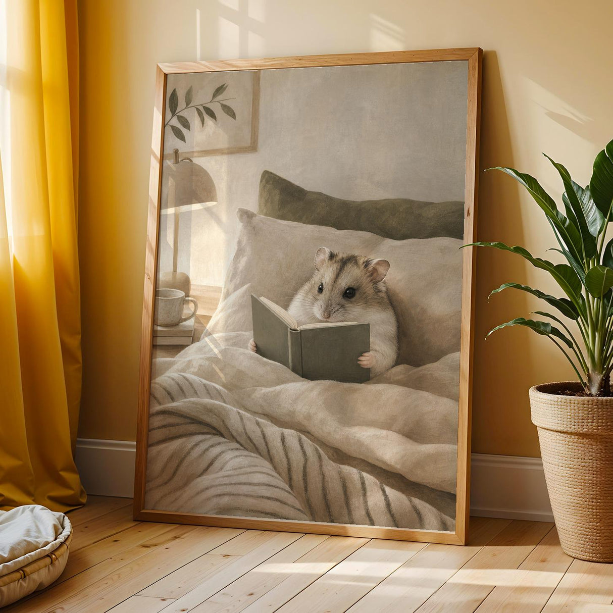 Russian Dwarf Hamster Reading in Bed Poster | Modern Gouache Hamster Wall Art | Warm Beige Oat Milk Decor | Cozy Minimalist Bedroom Print