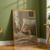 Chinese Hamster Reading in Bed Poster | Nordic Gouache Hamster Wall Art | Warm Beige Oat Milk Decor | Cozy Nursery Bedroom Print
