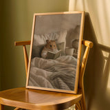 Syrian Hamster Reading in Bed Poster | Nordic Gouache Hamster Wall Art | Warm Beige Neutral Decor | Cozy Minimalist Nook Print