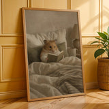 Syrian Hamster Reading in Bed Poster | Nordic Gouache Hamster Wall Art | Warm Beige Neutral Decor | Cozy Minimalist Nook Print