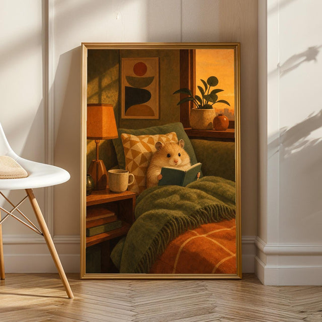 Teddy Bear Hamster Reading in Armchair Poster | Mid Century Modern Editorial Wall Art | Orange Yellow Decor | Cozy Retro Living Room Print