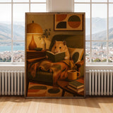 Golden Syrian Hamster Reading in Armchair Poster | Retro Modern Hamster Wall Art | Yellow Orange Decor | Cozy Mid Century Living Room Print