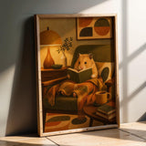 Golden Syrian Hamster Reading in Armchair Poster | Retro Modern Hamster Wall Art | Yellow Orange Decor | Cozy Mid Century Living Room Print