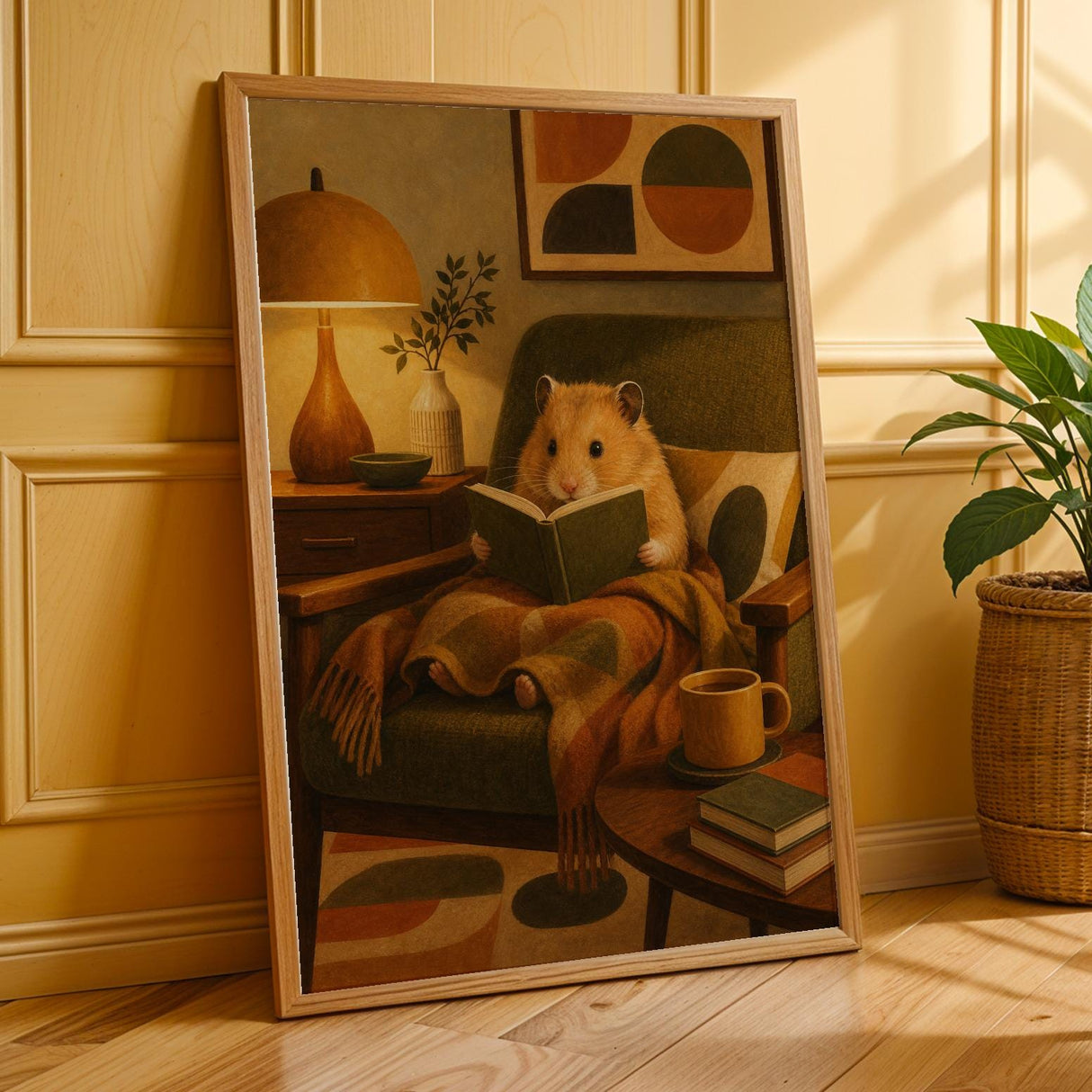 Golden Syrian Hamster Reading in Armchair Poster | Retro Modern Hamster Wall Art | Yellow Orange Decor | Cozy Mid Century Living Room Print