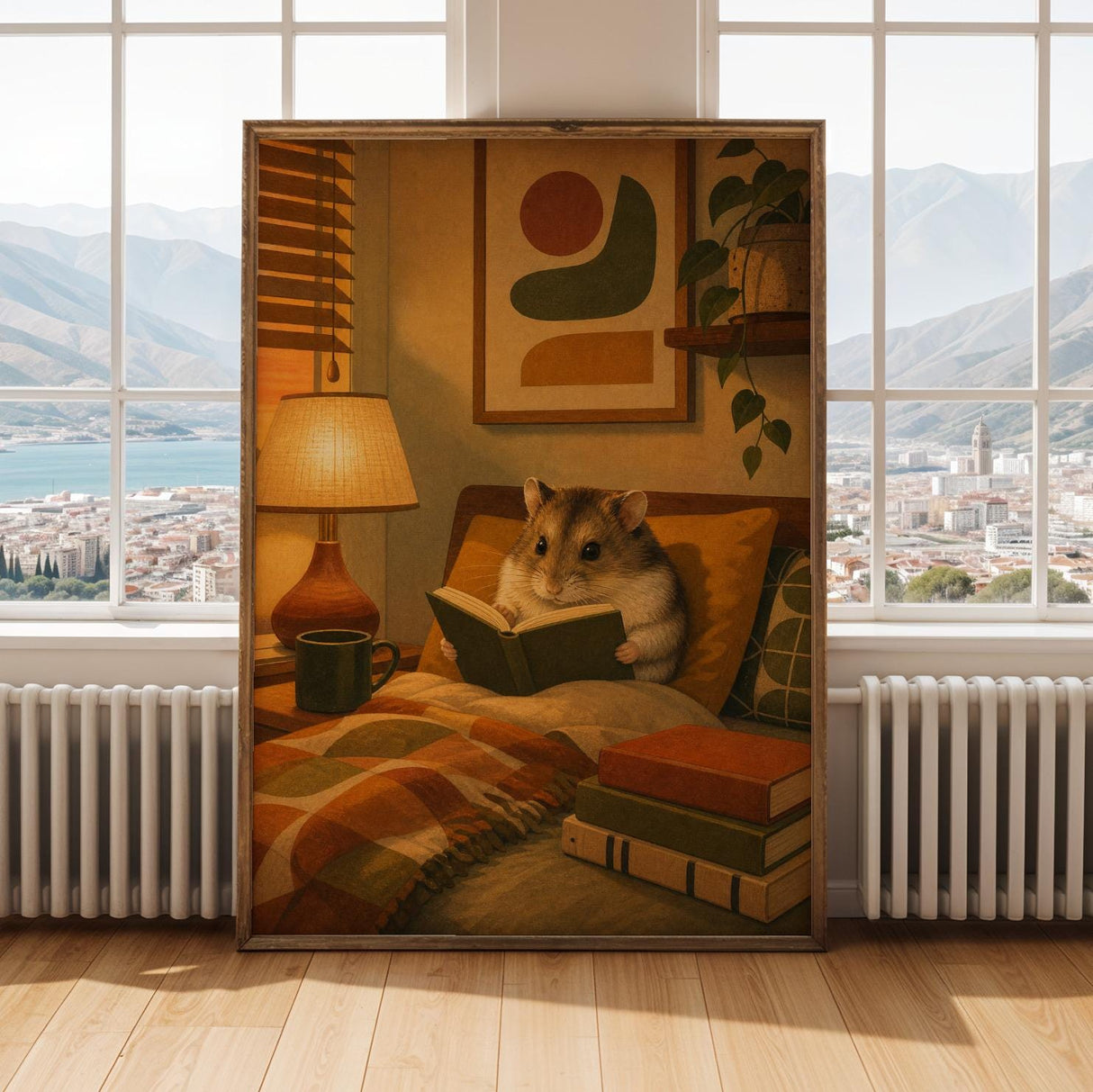 Campbell’s Dwarf Hamster Reading in Armchair Poster | Modern Hamster Wall Art | Yellow Orange Decor | Cozy Mid Century Living Room Print