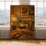 Campbell’s Dwarf Hamster Reading in Armchair Poster | Modern Hamster Wall Art | Yellow Orange Decor | Cozy Mid Century Living Room Print