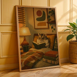 Campbell’s Dwarf Hamster Reading in Armchair Poster | Modern Hamster Wall Art | Yellow Orange Decor | Cozy Mid Century Living Room Print