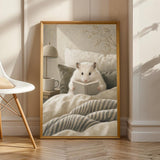 Winter White Hamster Reading in Bed Poster | Modern Gouache Hamster Wall Art | Warm Beige Soft Ivory Decor | Cozy Minimalist Bedroom Print