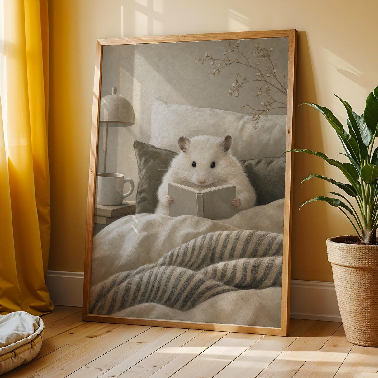 Winter White Hamster Reading in Bed Poster | Modern Gouache Hamster Wall Art | Warm Beige Soft Ivory Decor | Cozy Minimalist Bedroom Print