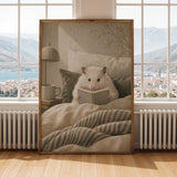 Winter White Hamster Reading in Bed Poster | Modern Gouache Hamster Wall Art | Warm Beige Soft Ivory Decor | Cozy Minimalist Bedroom Print