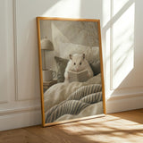 Winter White Hamster Reading in Bed Poster | Modern Gouache Hamster Wall Art | Warm Beige Soft Ivory Decor | Cozy Minimalist Bedroom Print