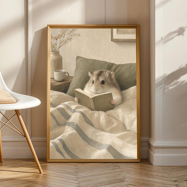 Campbell’s Dwarf Hamster Reading in Bed Poster | Nordic Gouache Hamster Wall Art | Warm Beige Oat Milk Decor | Cozy Minimalist Bedroom Print