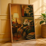 Chinese Hamster Reading in Armchair Poster | Retro Modern Hamster Wall Art | Orange Olive Green Decor | Cozy Mid Century Living Room Print