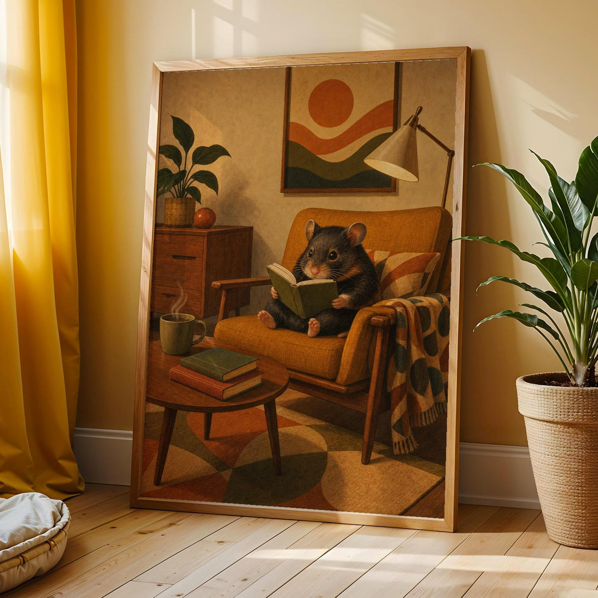 Hamster Reading in Armchair Poster | Retro Painterly Hamster Wall Art | Walnut Brown Burnt Orange Decor | Cozy Mid Century Living Room Print