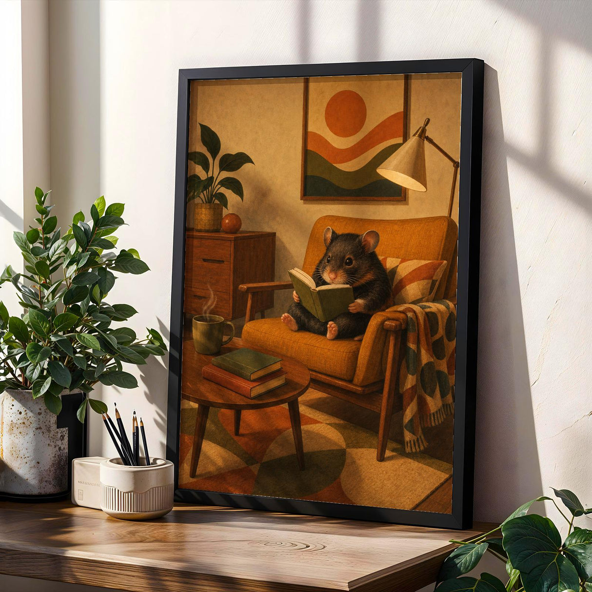 Hamster Reading in Armchair Poster | Retro Painterly Hamster Wall Art | Walnut Brown Burnt Orange Decor | Cozy Mid Century Living Room Print