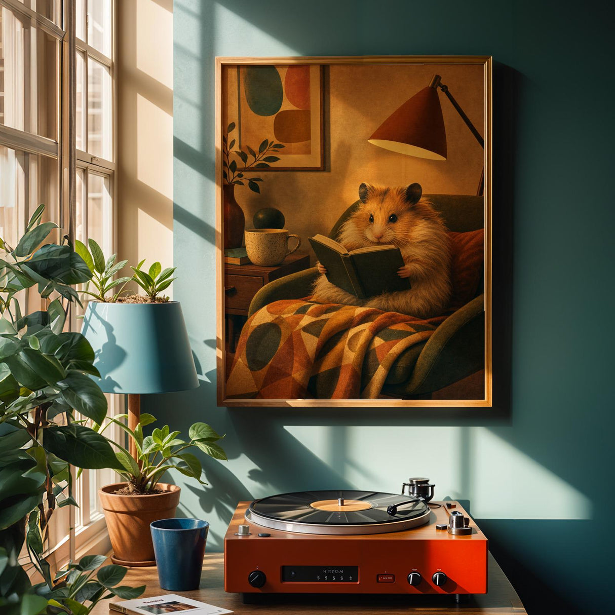 Long Haired Syrian Hamster Reading in Armchair Poster | Retro Painterly Hamster Wall Art | Orange Decor | Cozy Mid Century Bedroom Print