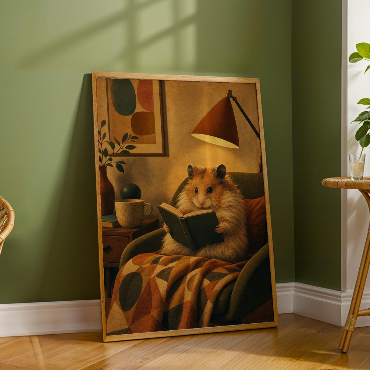 Long Haired Syrian Hamster Reading in Armchair Poster | Retro Painterly Hamster Wall Art | Orange Decor | Cozy Mid Century Bedroom Print