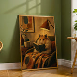 Long Haired Syrian Hamster Reading in Armchair Poster | Retro Painterly Hamster Wall Art | Orange Decor | Cozy Mid Century Bedroom Print