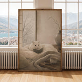 Winter White Hamster Reading in Bed Poster | Japanese Zen Sumi-e Hamster Wall Art | Warm Ivory Gray Decor | Minimalist Kyoto Bedroom Print