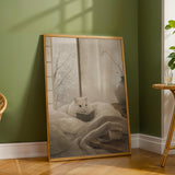 Winter White Hamster Reading in Bed Poster | Japanese Zen Sumi-e Hamster Wall Art | Warm Ivory Gray Decor | Minimalist Kyoto Bedroom Print