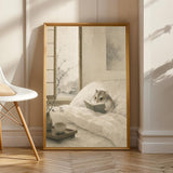 Russian Dwarf Hamster Reading in Bed Poster | Japanese Zen Sumi-e Hamster Wall Art | Warm Ivory Muted Sage Decor | Minimalist Bedroom Print