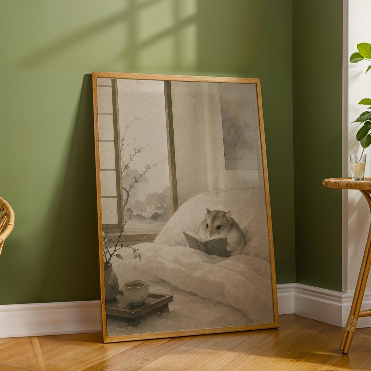 Russian Dwarf Hamster Reading in Bed Poster | Japanese Zen Sumi-e Hamster Wall Art | Warm Ivory Muted Sage Decor | Minimalist Bedroom Print