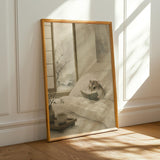 Russian Dwarf Hamster Reading in Bed Poster | Japanese Zen Sumi-e Hamster Wall Art | Warm Ivory Muted Sage Decor | Minimalist Bedroom Print