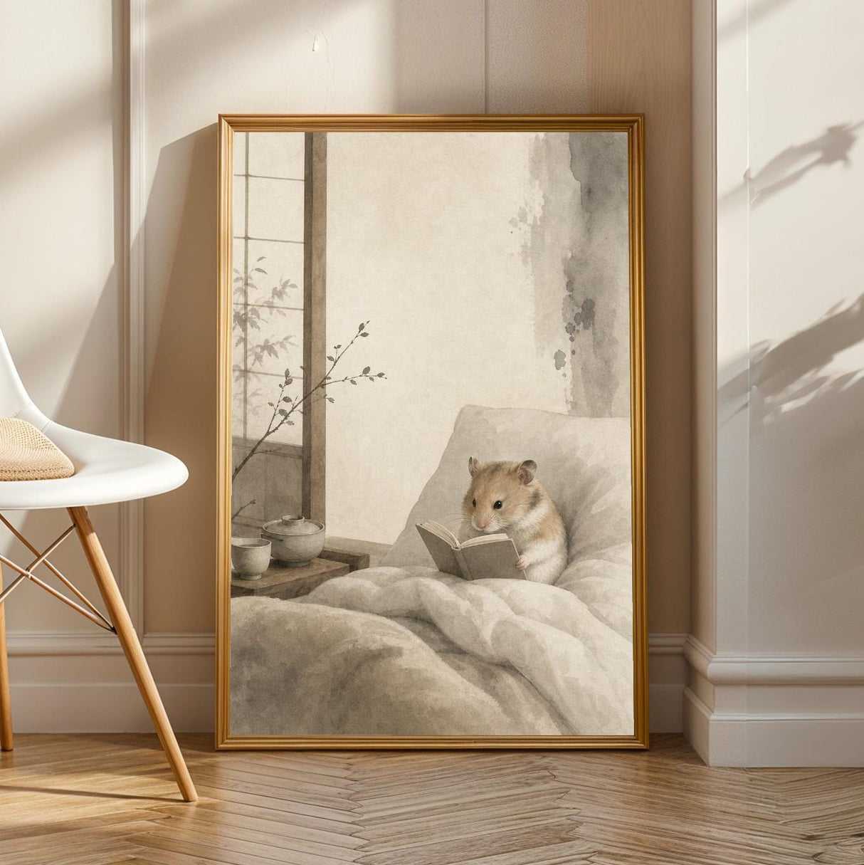 Chinese Hamster Reading in Bed Poster | Japanese Zen Ink Wash Hamster Wall Art | Warm Ivory Fog Gray Decor | Minimalist Bedroom Print