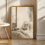 Chinese Hamster Reading in Bed Poster | Japanese Zen Ink Wash Hamster Wall Art | Warm Ivory Fog Gray Decor | Minimalist Bedroom Print