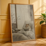 Chinese Hamster Reading in Bed Poster | Japanese Zen Ink Wash Hamster Wall Art | Warm Ivory Fog Gray Decor | Minimalist Bedroom Print