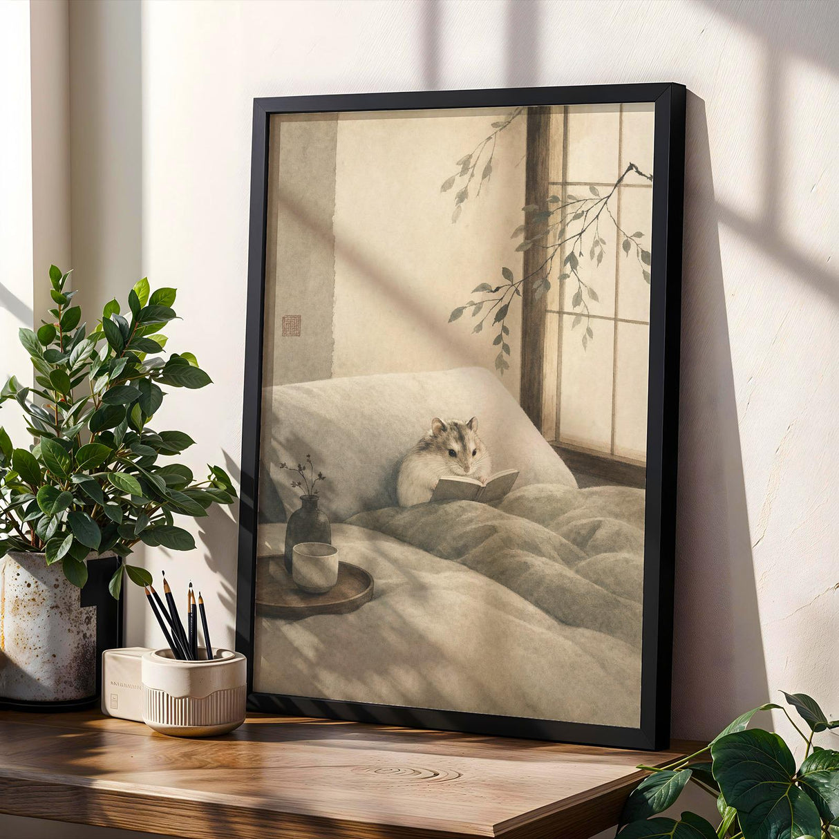 Hamster Reading Book Poster | Japanese Zen Sumi-e Ink Wash Wall Art | Warm Ivory Fog Gray Decor | Minimalist Bedroom Print