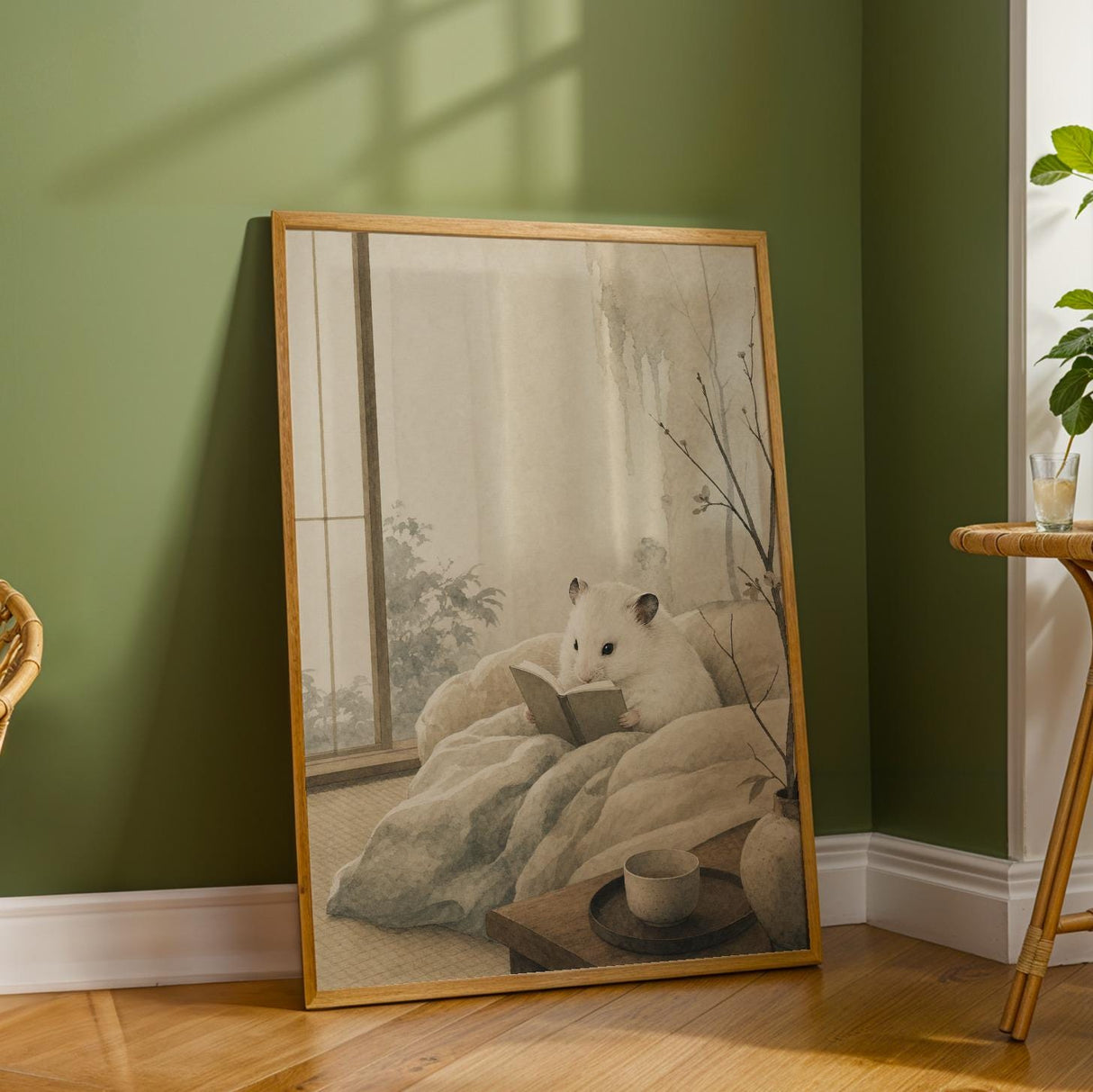 White Syrian Hamster Reading in Bed Poster | Japanese Zen Sumi-e Hamster Wall Art | Warm Ivory Fog Gray Decor | Minimalist Bedroom Print