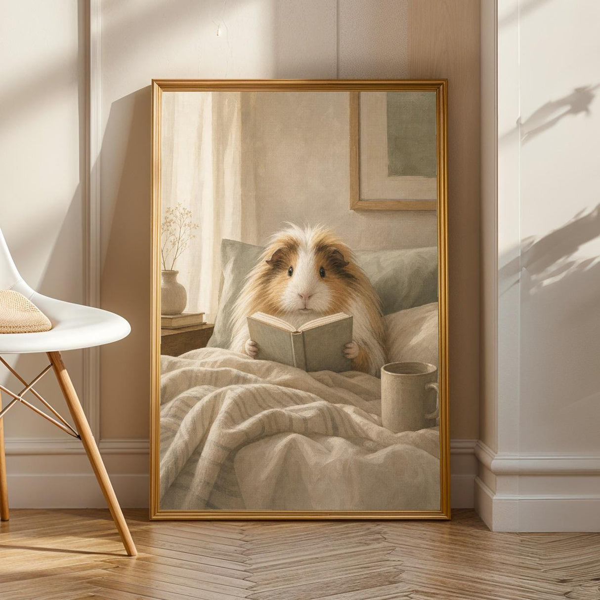 Sheltie Guinea Pig Reading in Bed Poster | Modern Gouache Guinea Pig Wall Art | Warm Beige Oat Milk Decor | Cozy Minimalist Bedroom Print