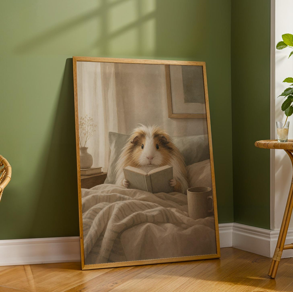 Sheltie Guinea Pig Reading in Bed Poster | Modern Gouache Guinea Pig Wall Art | Warm Beige Oat Milk Decor | Cozy Minimalist Bedroom Print