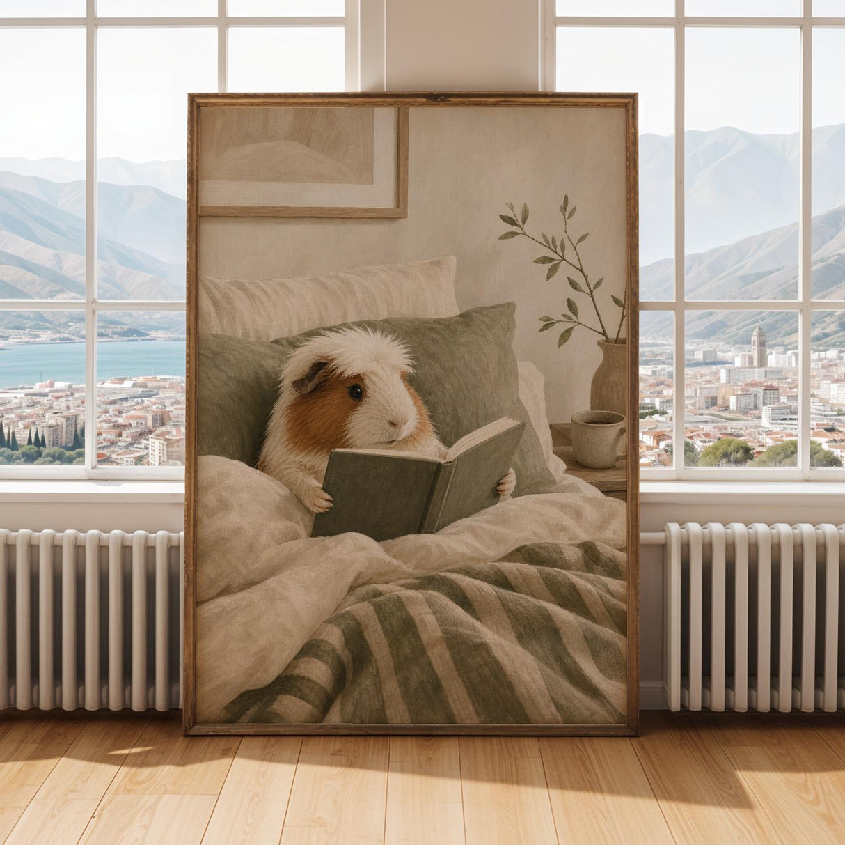 White Crested Guinea Pig Reading in Bed Poster | Nordic Gouache Guinea Pig Wall Art | Warm Neutral Bedroom Decor | Cozy Nook Print