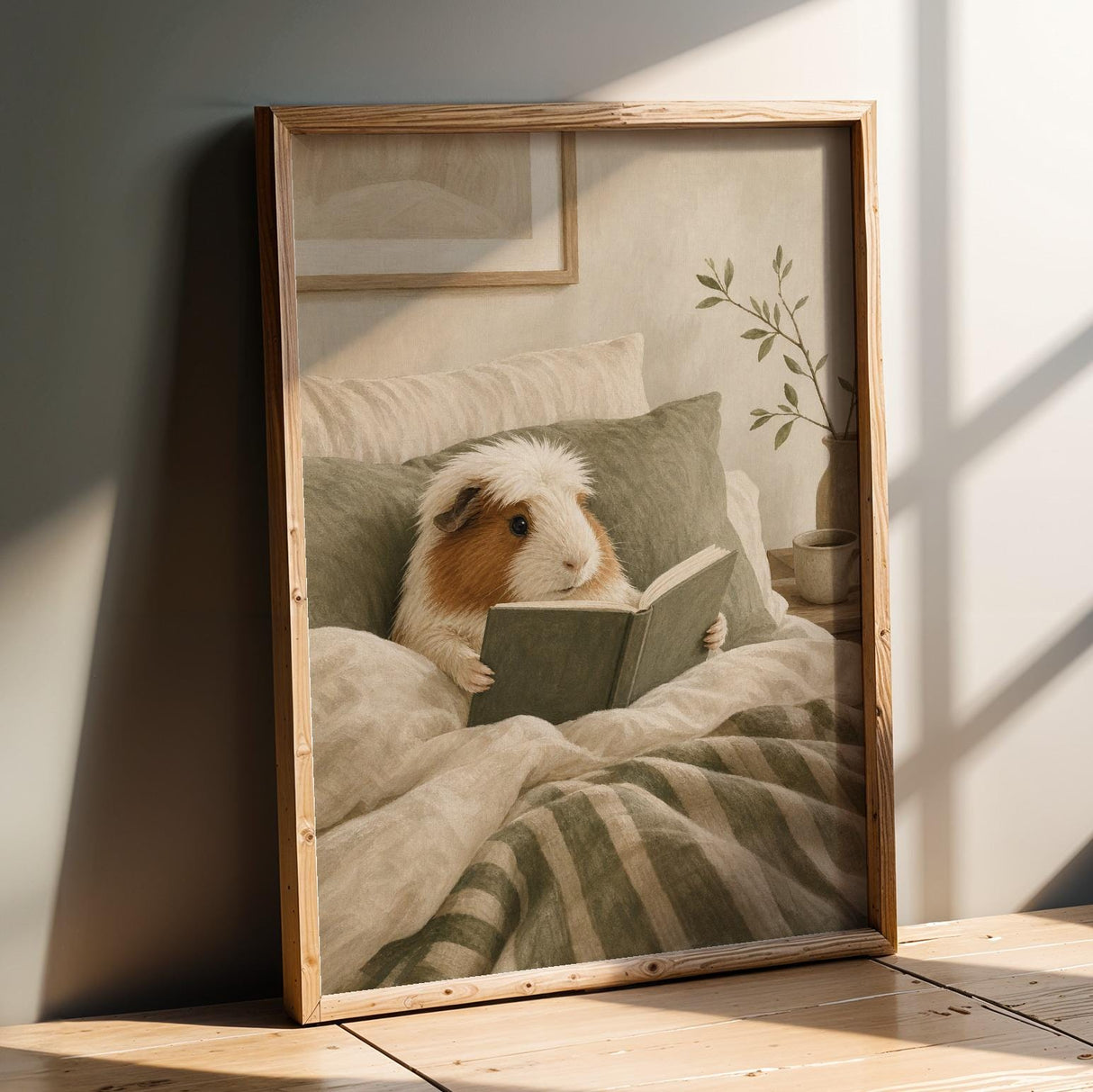 White Crested Guinea Pig Reading in Bed Poster | Nordic Gouache Guinea Pig Wall Art | Warm Neutral Bedroom Decor | Cozy Nook Print