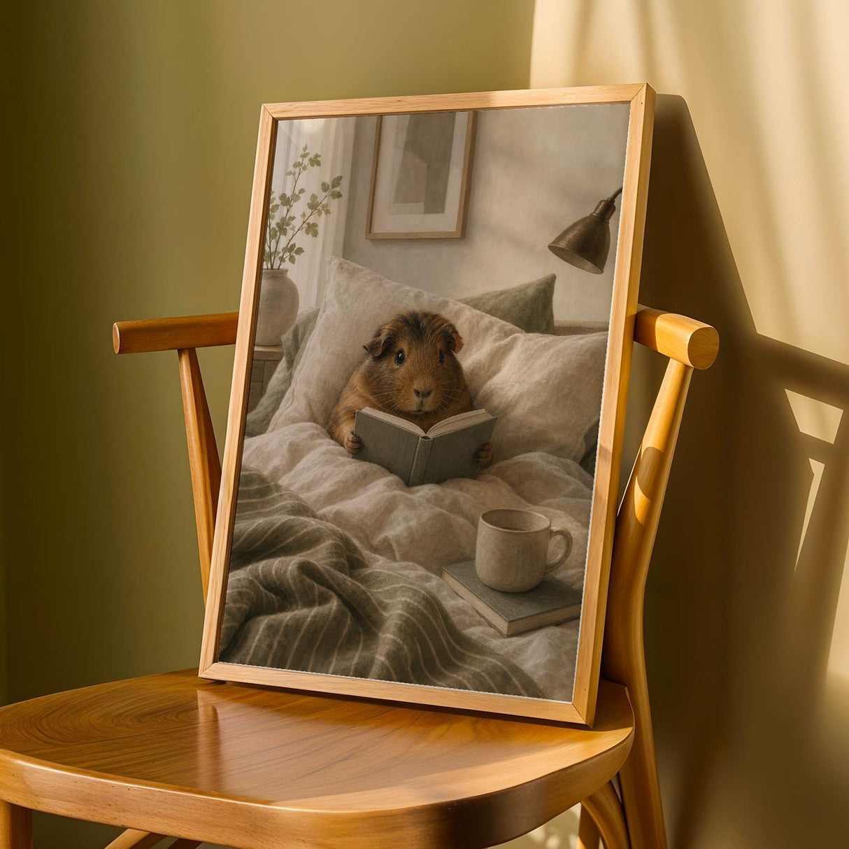 Abyssinian Guinea Pig Reading in Bed Poster | Modern Gouache Guinea Pig Wall Art | Warm Beige Soft Ivory Decor | Cozy Bedroom Print