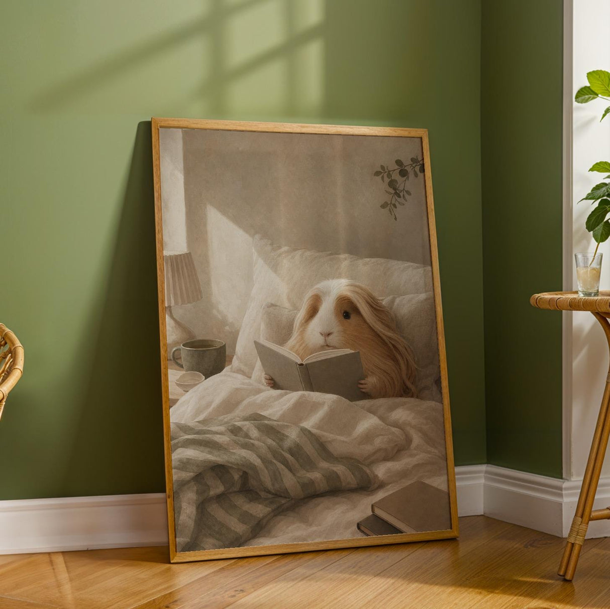 Peruvian Guinea Pig Reading in Bed Poster | Modern Soft Gouache Guinea Pig Wall Art | Warm Beige Oat Milk Decor | Cozy Bedroom Print