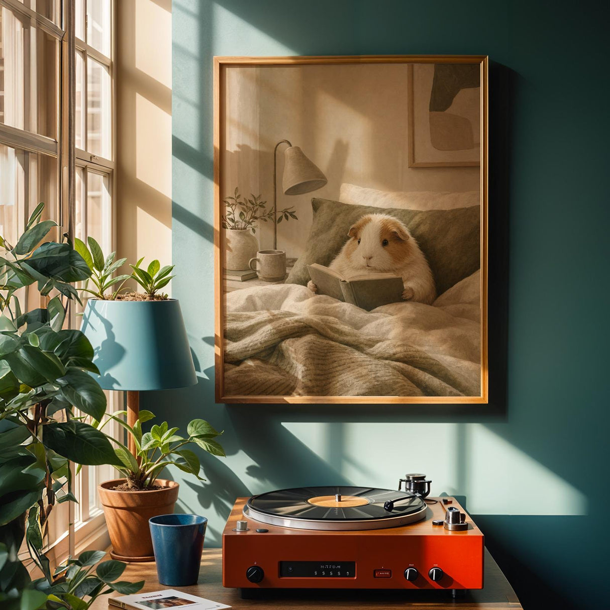 Alpaca Guinea Pig Reading in Bed Poster | Scandinavian Gouache Guinea Pig Wall Art | Warm Beige Oat Milk Decor | Cozy Nordic Bedroom Print