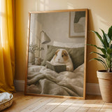 Alpaca Guinea Pig Reading in Bed Poster | Scandinavian Gouache Guinea Pig Wall Art | Warm Beige Oat Milk Decor | Cozy Nordic Bedroom Print