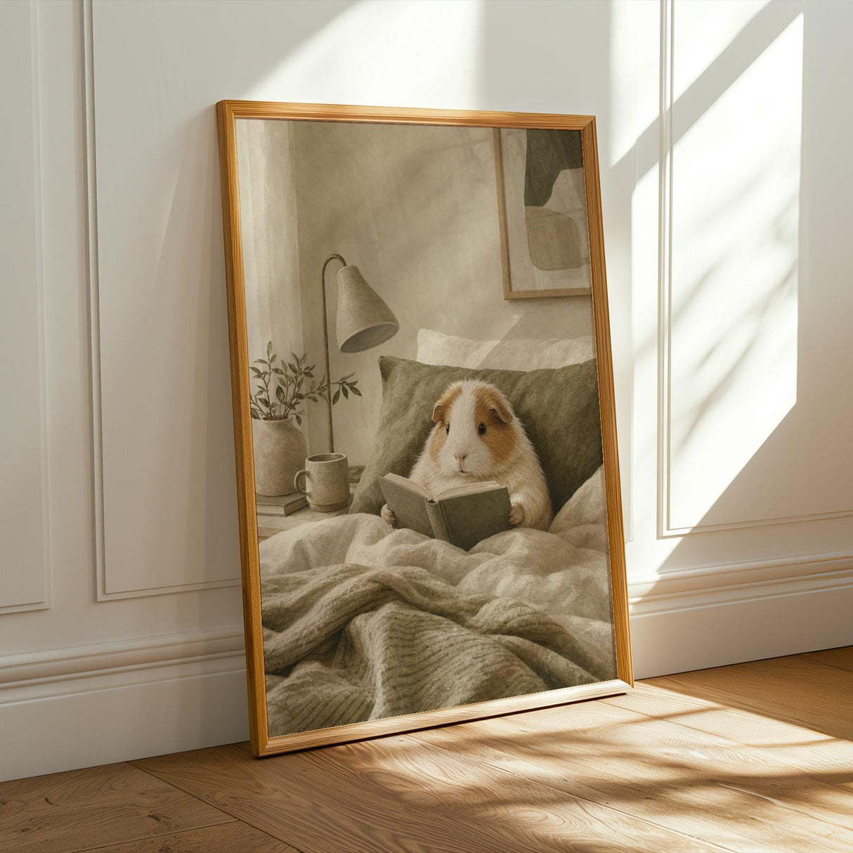 Alpaca Guinea Pig Reading in Bed Poster | Scandinavian Gouache Guinea Pig Wall Art | Warm Beige Oat Milk Decor | Cozy Nordic Bedroom Print