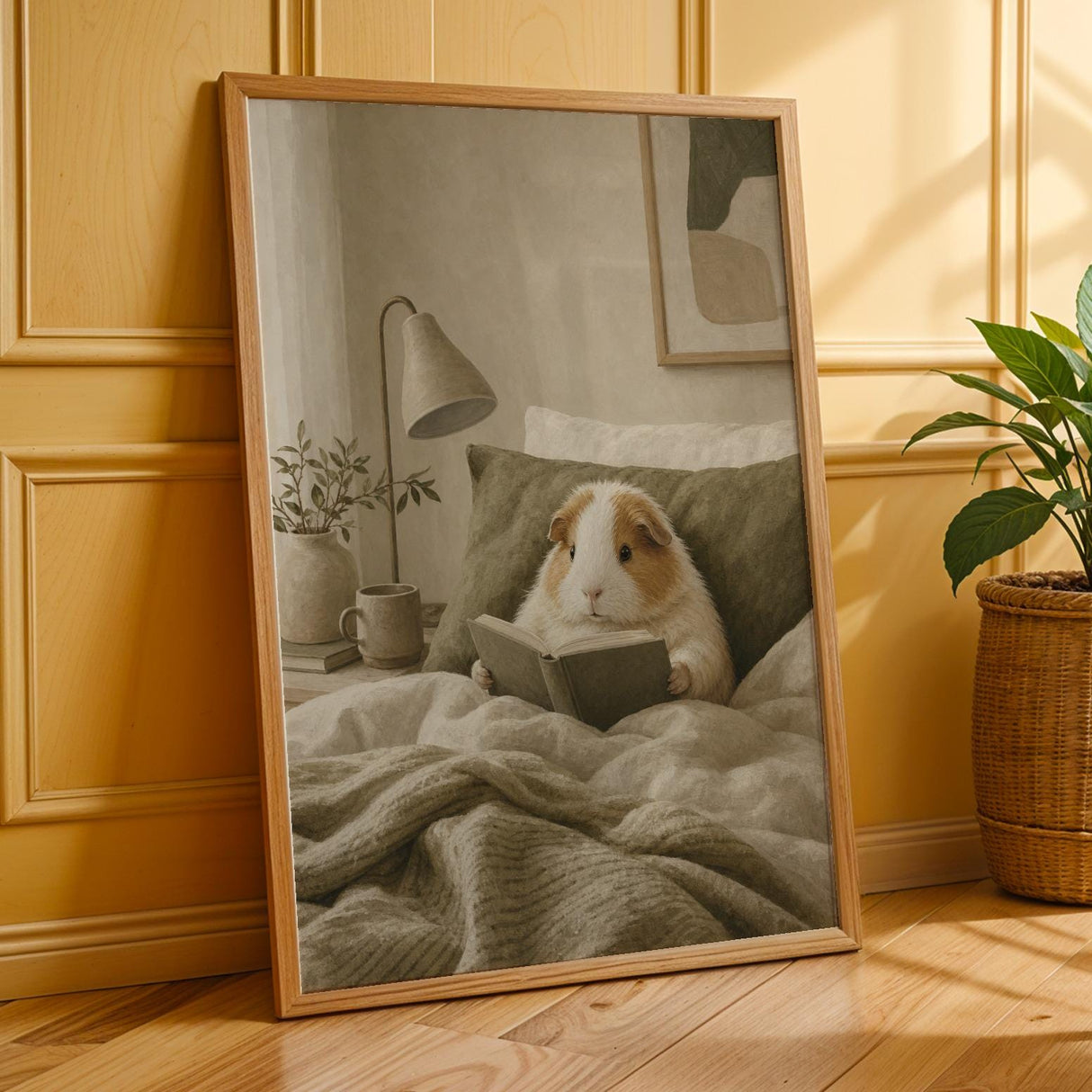 Alpaca Guinea Pig Reading in Bed Poster | Scandinavian Gouache Guinea Pig Wall Art | Warm Beige Oat Milk Decor | Cozy Nordic Bedroom Print