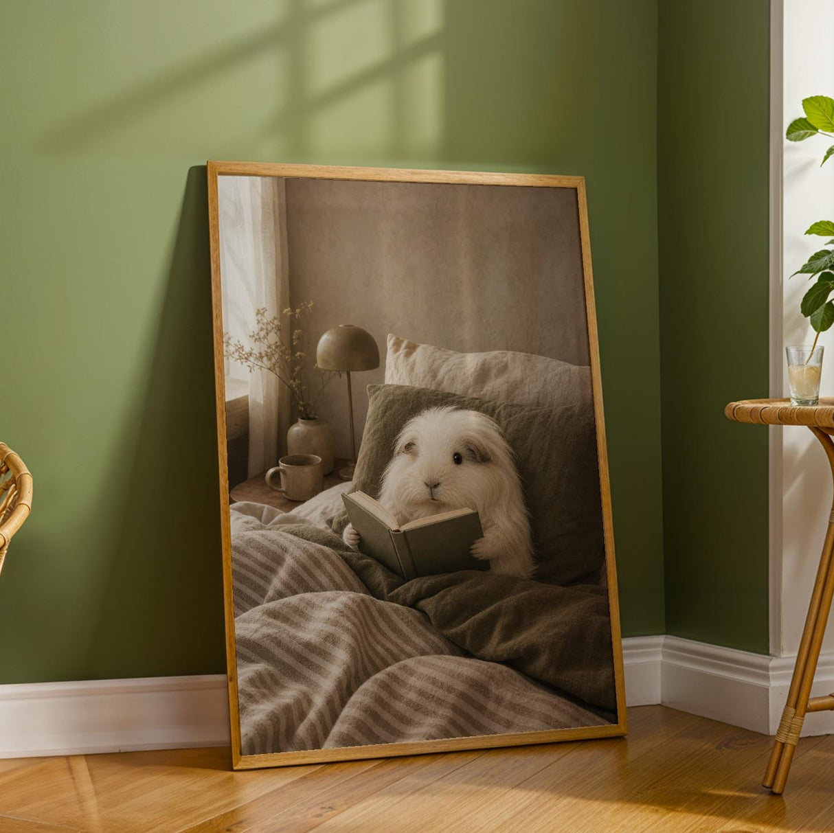 Silkie Guinea Pig Reading in Bed Poster | Modern Gouache Guinea Pig Wall Art | Warm Beige Oat Milk Decor | Cozy Minimalist Bedroom Print