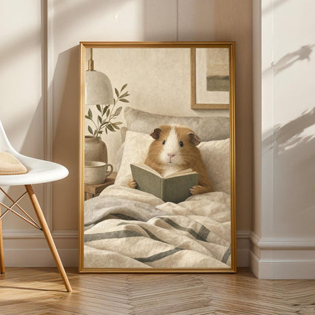 Teddy Guinea Pig Reading in Bed Poster | Soft Gouache Oat Milk Beige Wall Art | Cozy Minimalist Bedroom Decor Print | Nursery Nook Art