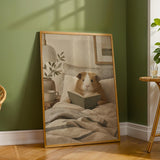Teddy Guinea Pig Reading in Bed Poster | Soft Gouache Oat Milk Beige Wall Art | Cozy Minimalist Bedroom Decor Print | Nursery Nook Art