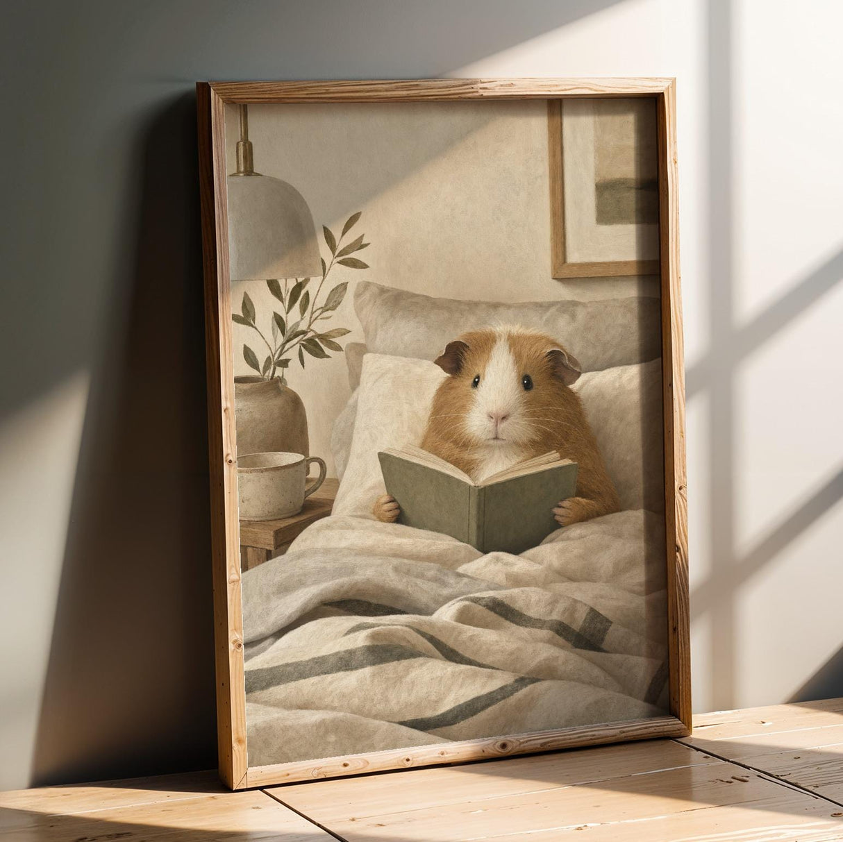 Teddy Guinea Pig Reading in Bed Poster | Soft Gouache Oat Milk Beige Wall Art | Cozy Minimalist Bedroom Decor Print | Nursery Nook Art