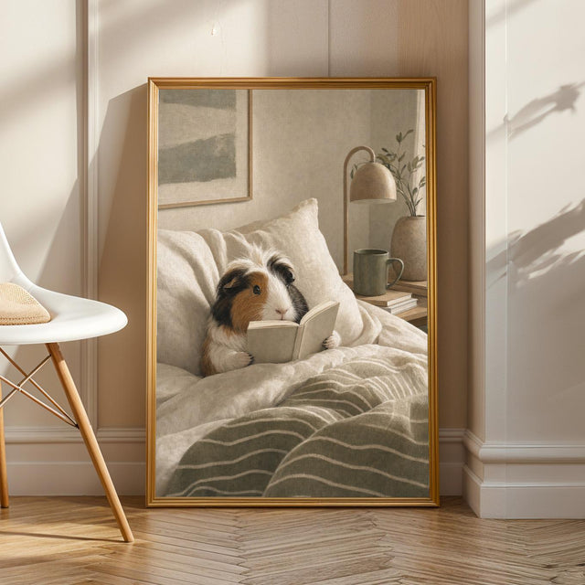 Coronet Guinea Pig Reading in Bed Poster | Scandinavian Gouache Guinea Pig Wall Art | Warm Beige Oat Milk Decor | Cozy Bedroom Print